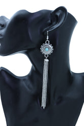 Women Earrings Set Long Silver Metal Tassel Chains Flower Charm Turquoise Blue Bead
